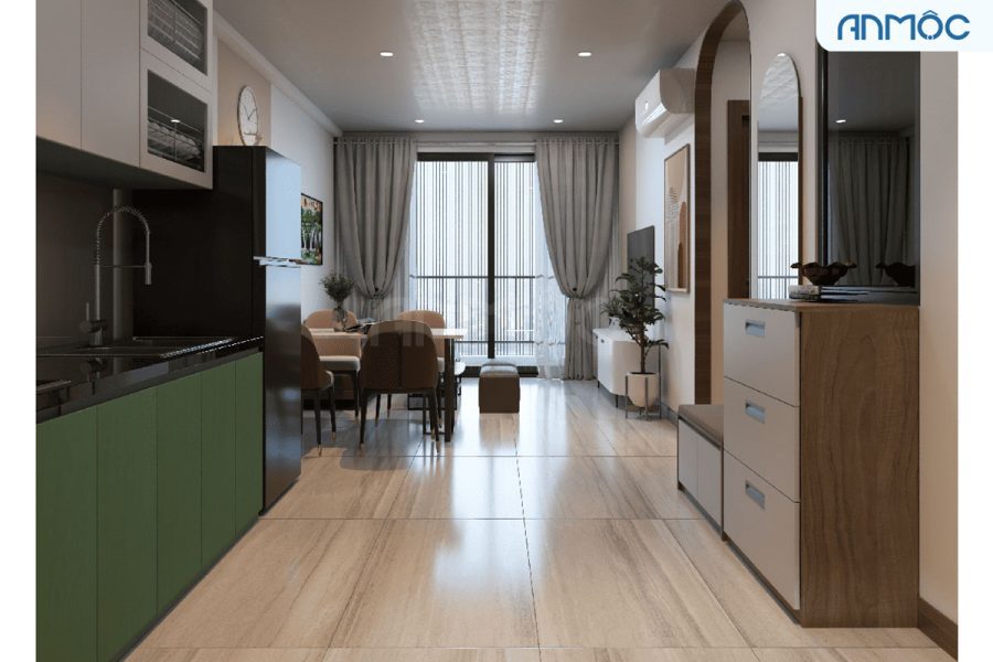 Nội thất sảnh và bếp |Thiết kế nội thất chung cư Bcons Apartment 50m2