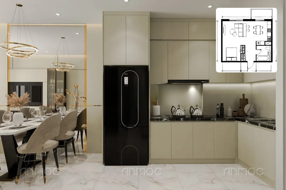 Mẫu thiết kế nội thất phòng bếp chung cư cho căn hộ diện tích nhỏ 50m2