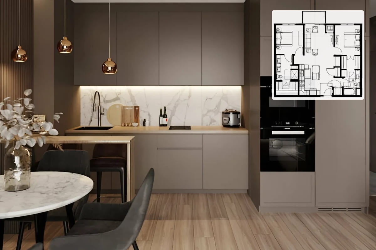 Phòng bếp tiện nghi, đầy đủ công năng trong không gian 70m2