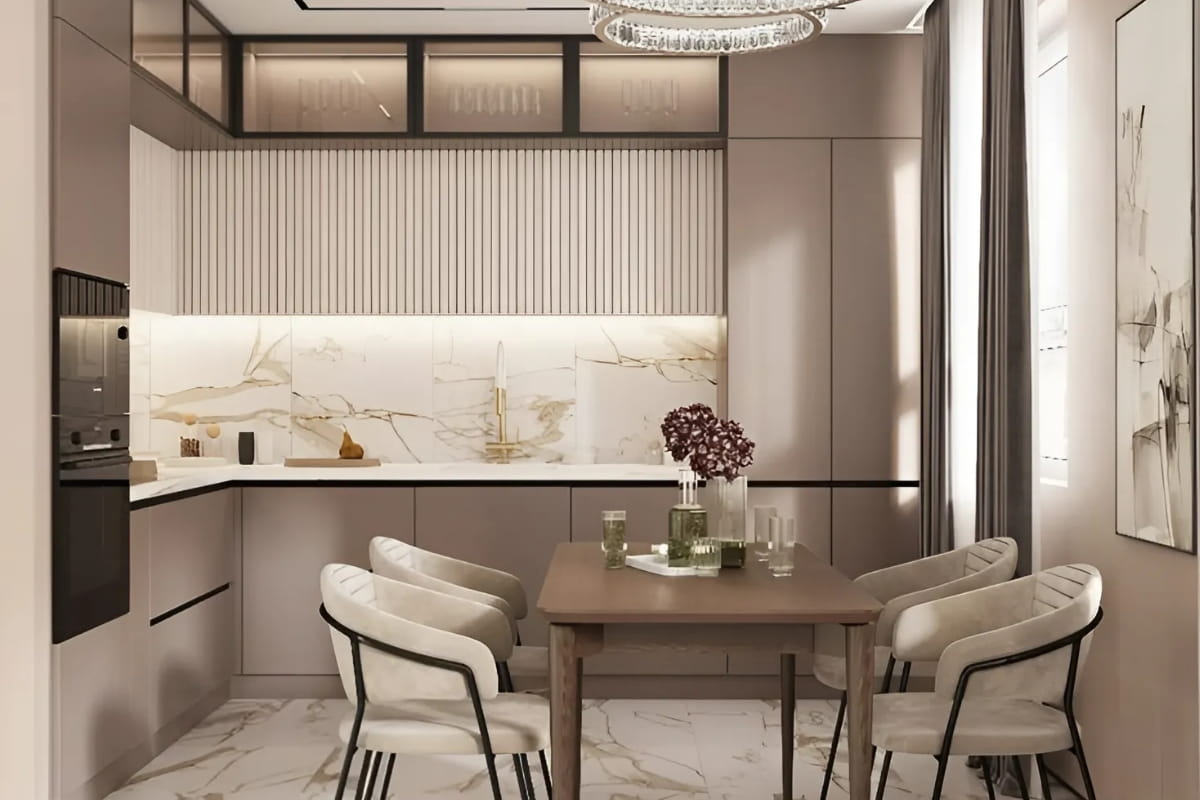 Bếp chữ L được thiết kế gọn gàng và tiện nghi trong không gian căn hộ