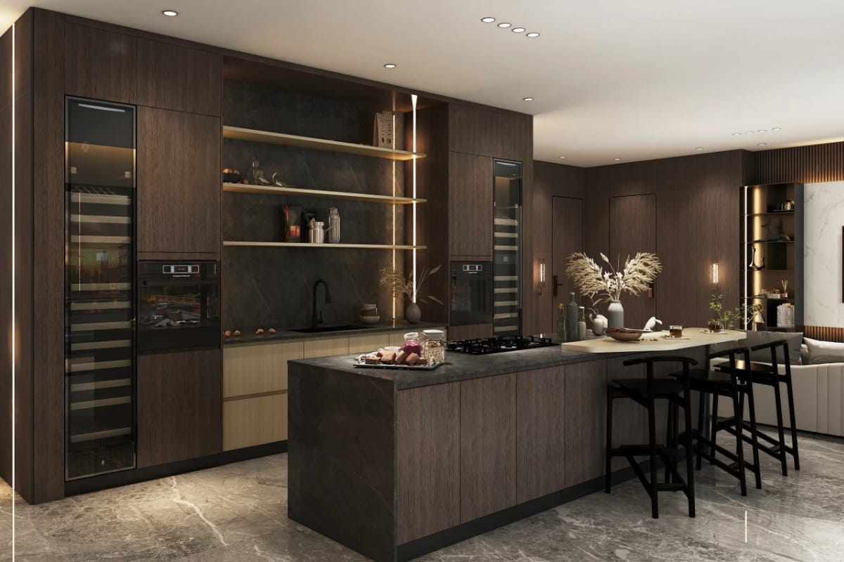 Mẫu thiết kế nội thất phòng bếp chung cư với gỗ tự nhiên sang trọng