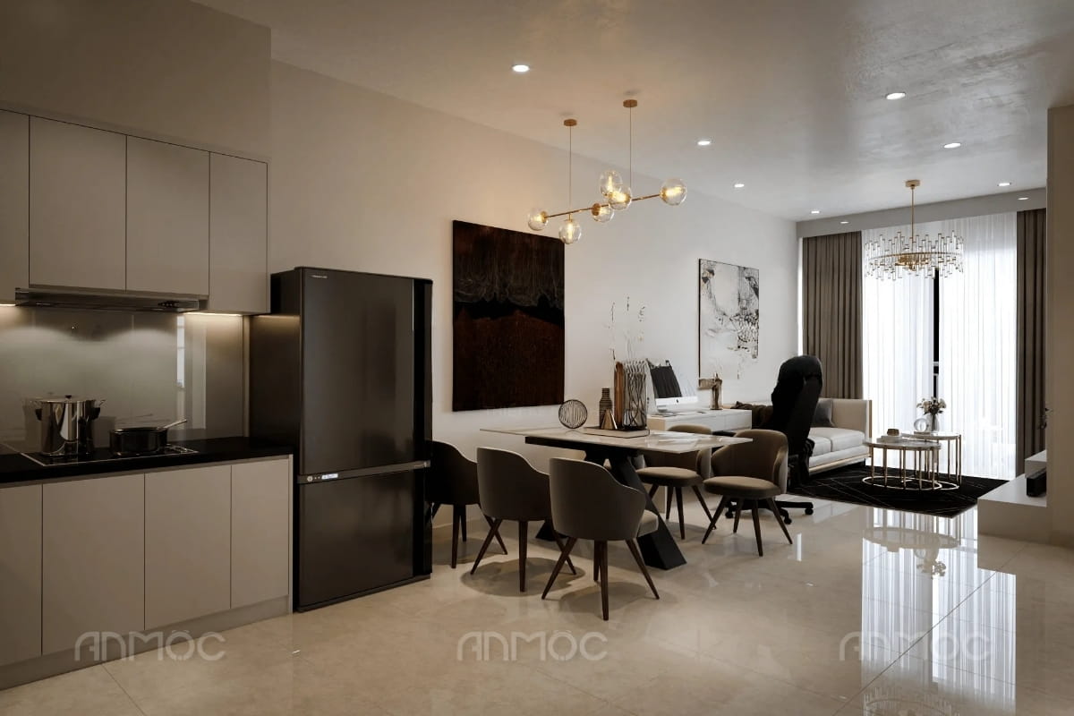 Phòng bếp chung cư liền kề phòng khách giúp tối ưu không gian hiệu quả