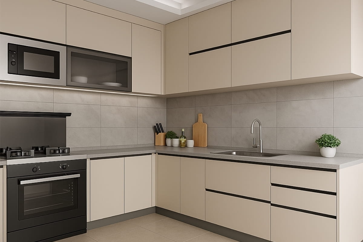 Mẫu thiết kế nội thất phòng bếp tiện nghi với hệ tủ melamine hiện đại