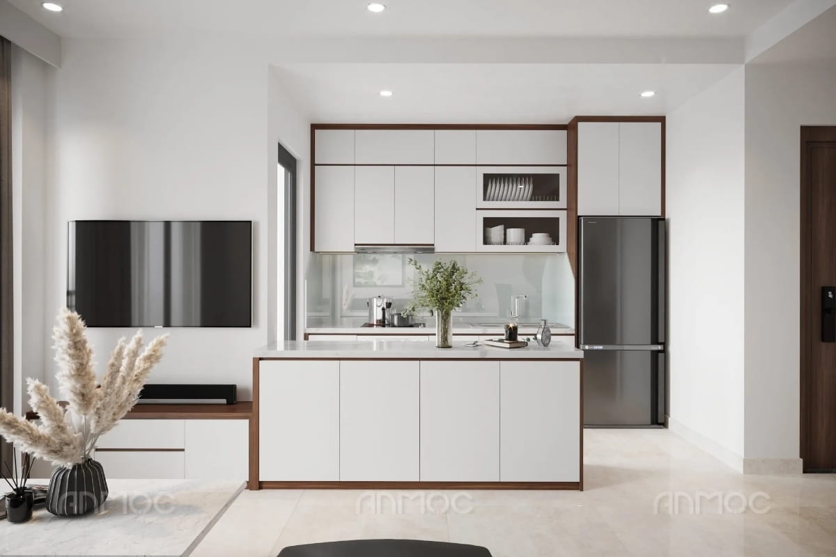 Không gian bếp mở với đảo bếp trung tâm kiểu hiện đại