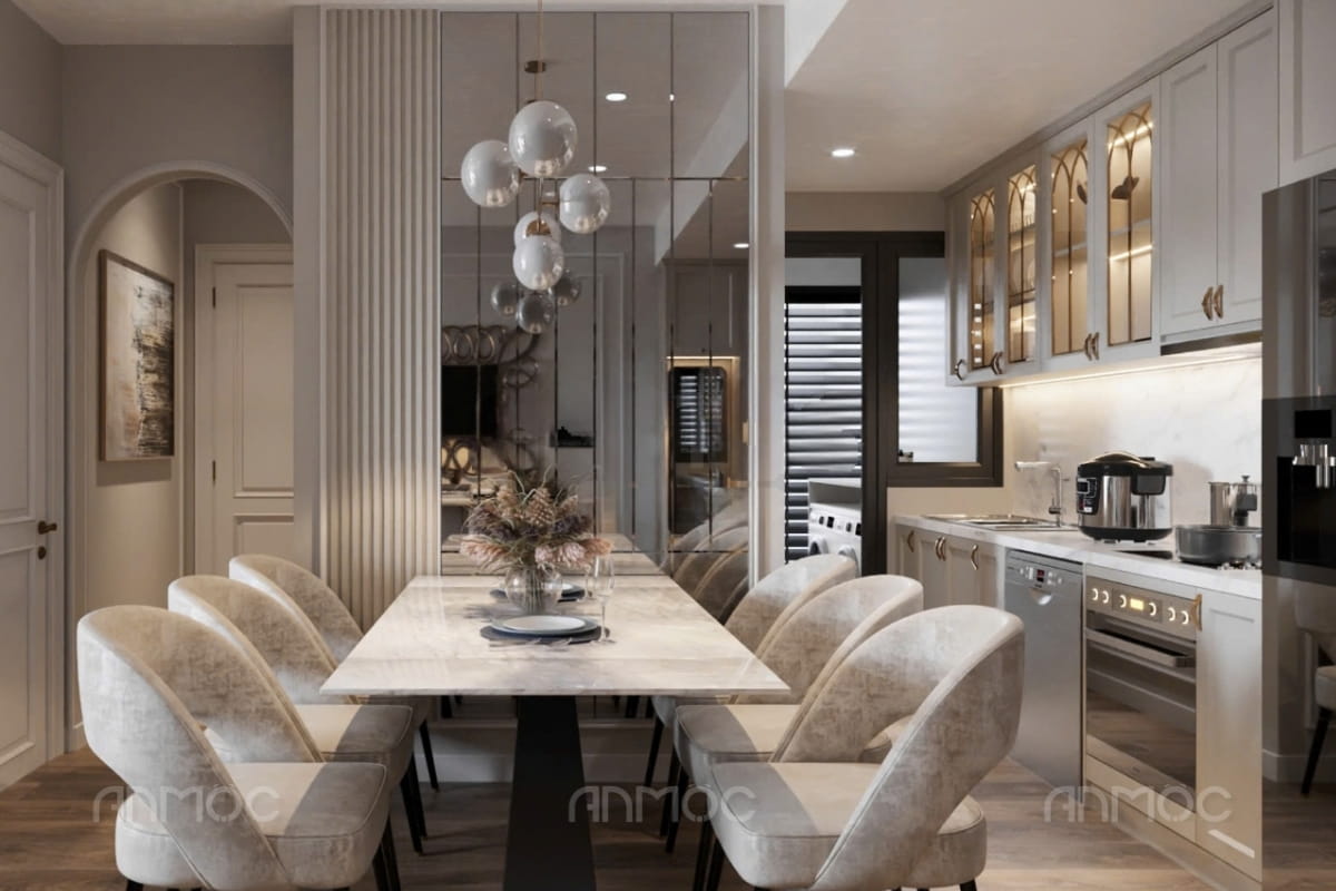 Mẫu thiết kế nội thất phòng bếp chung cư tân cổ điển sang trọng, tinh tế