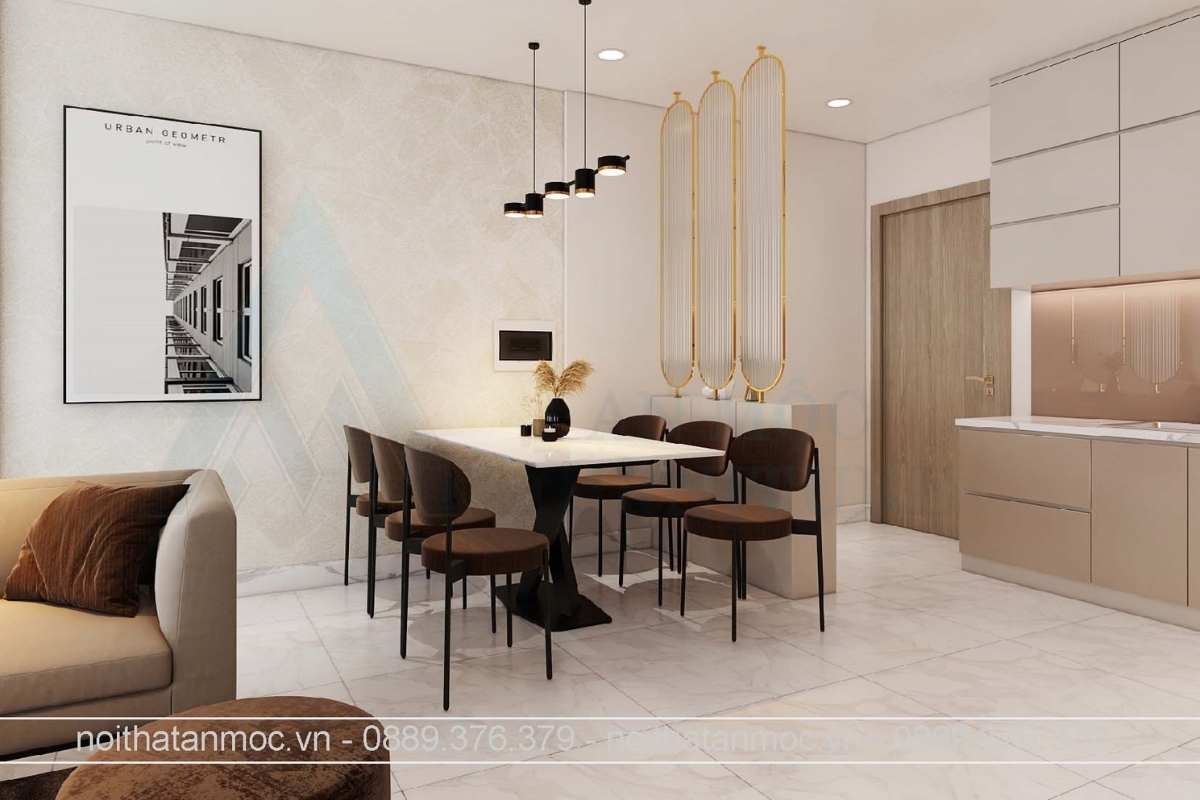 Khu vực bàn ăn gia đình 6 ghế hiện đại chân sắt sơn tĩnh điện, ngăn cách với lối đi bằng vách ngăn CNC mạ vàng sang trọng.