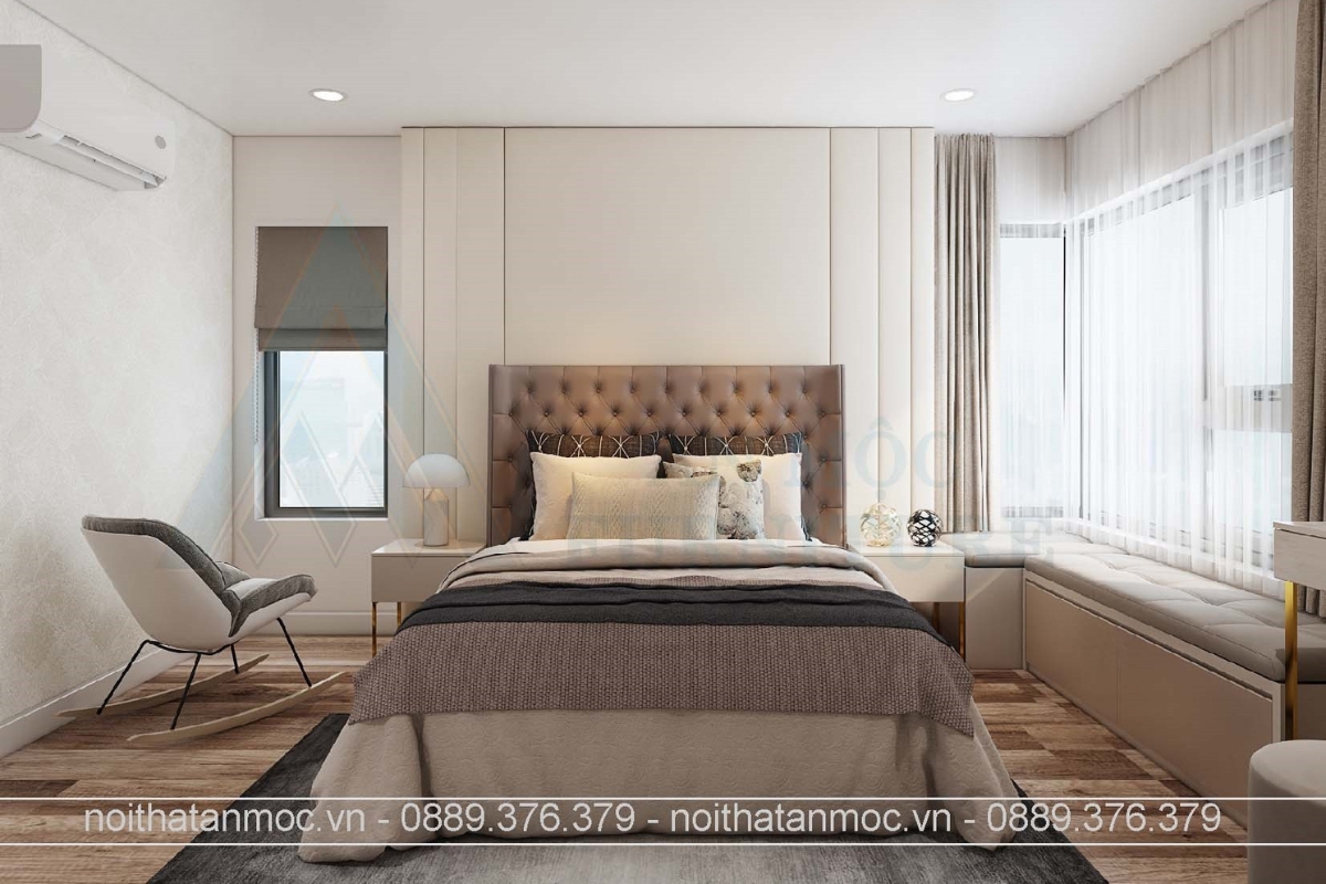 Thiết kế nội thất phòng ngủ tinh tế với giường đôi lớn, ghế bập bênh thư giãn và hệ thống rèm cửa hai lớp cao cấp.