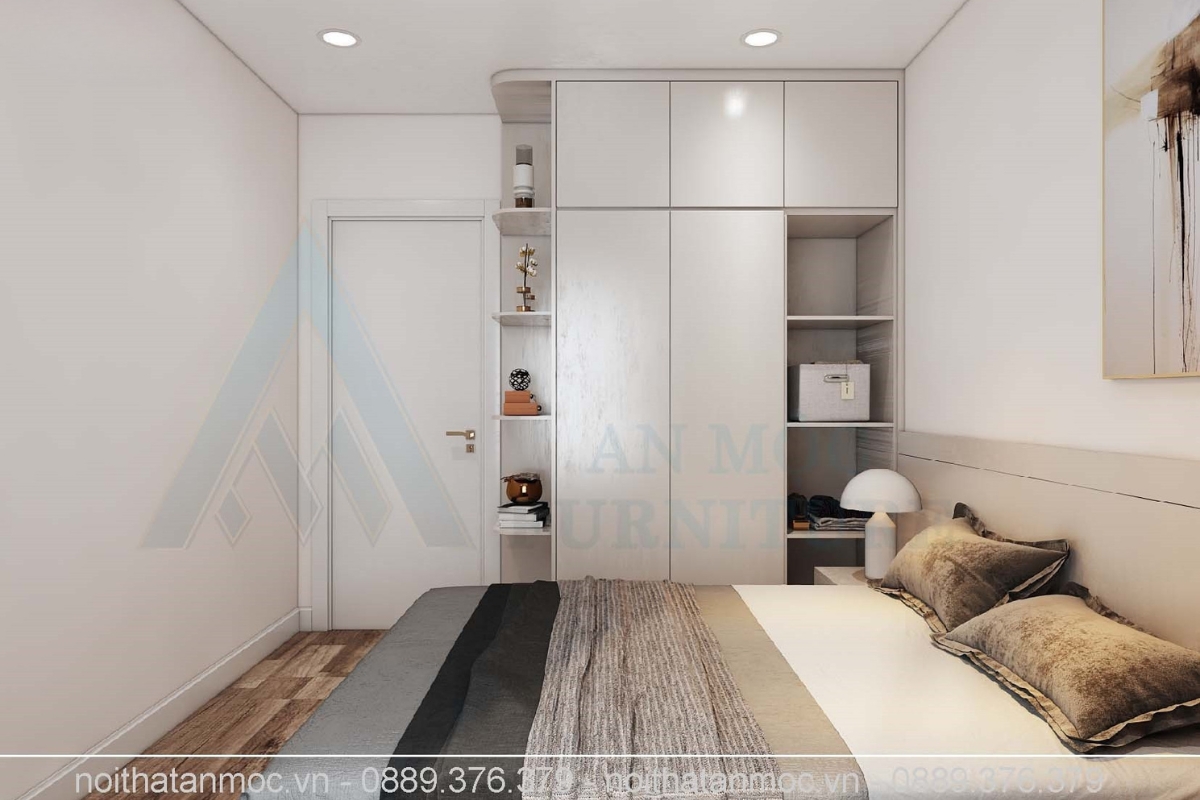 Thiết kế phòng ngủ nhỏ hiện đại với tủ quần áo kịch trần màu trắng tích hợp kệ trang trí và giường ngủ ấm cúng.