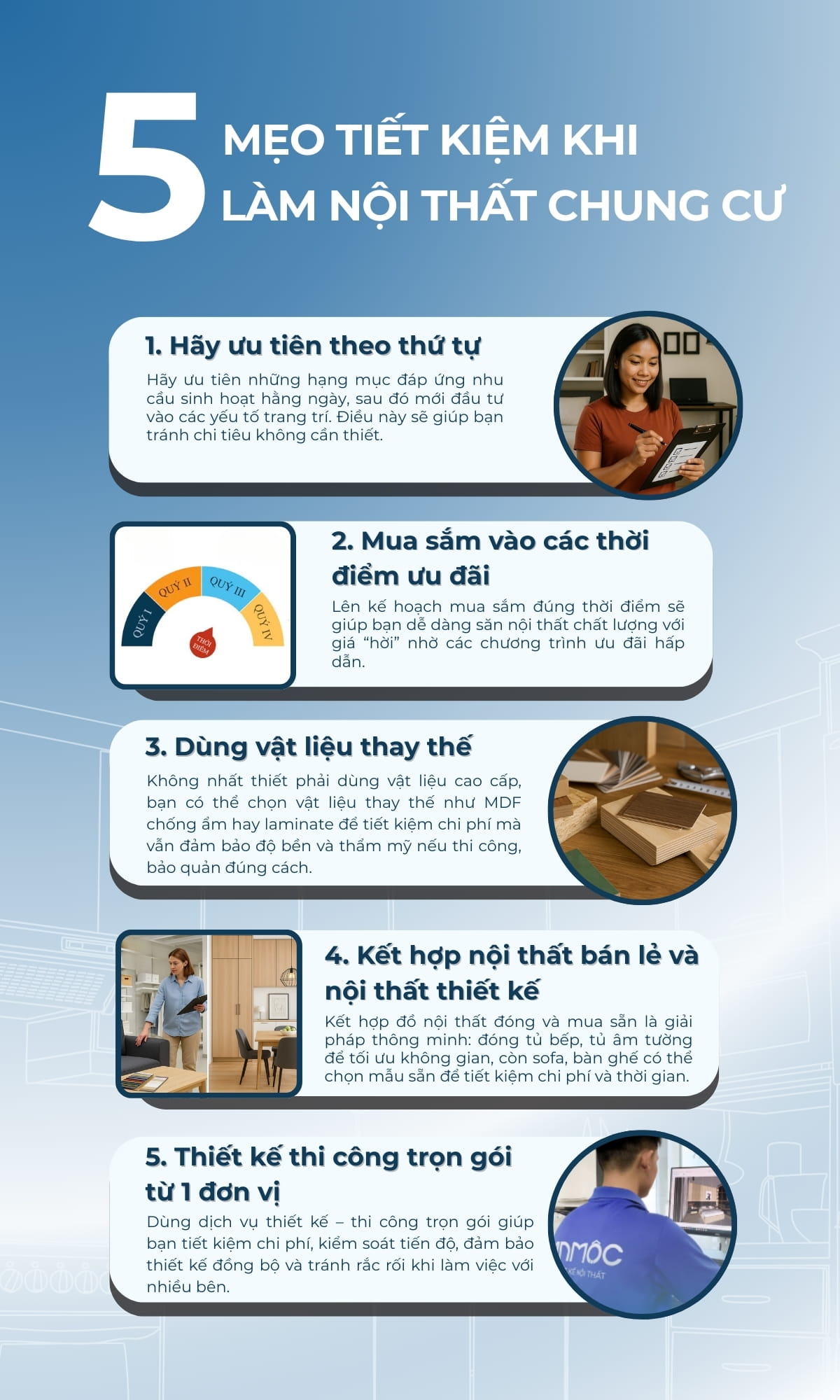 Infographic 5 mẹo tiết kiệm khi làm nội thất chung cư