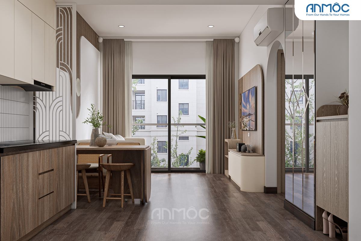 Góc nhìn tổng thể thiết kế nội thất chung cư Flora Panorama 60m2