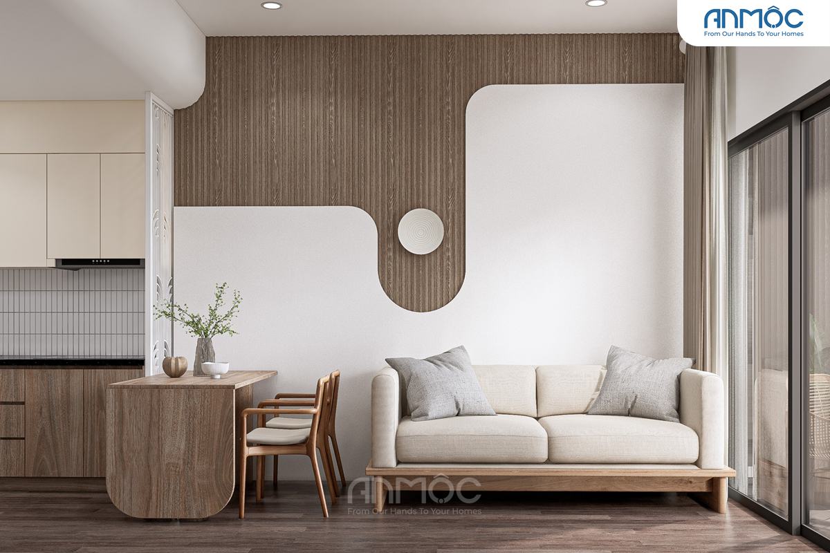 Vách lam gỗ được trang trí độc đáo với những đường cong mềm mại vừa tạo điểm nhấn vừa tạo hiệu ứng thị giác cho không gian thêm phần ấm áp