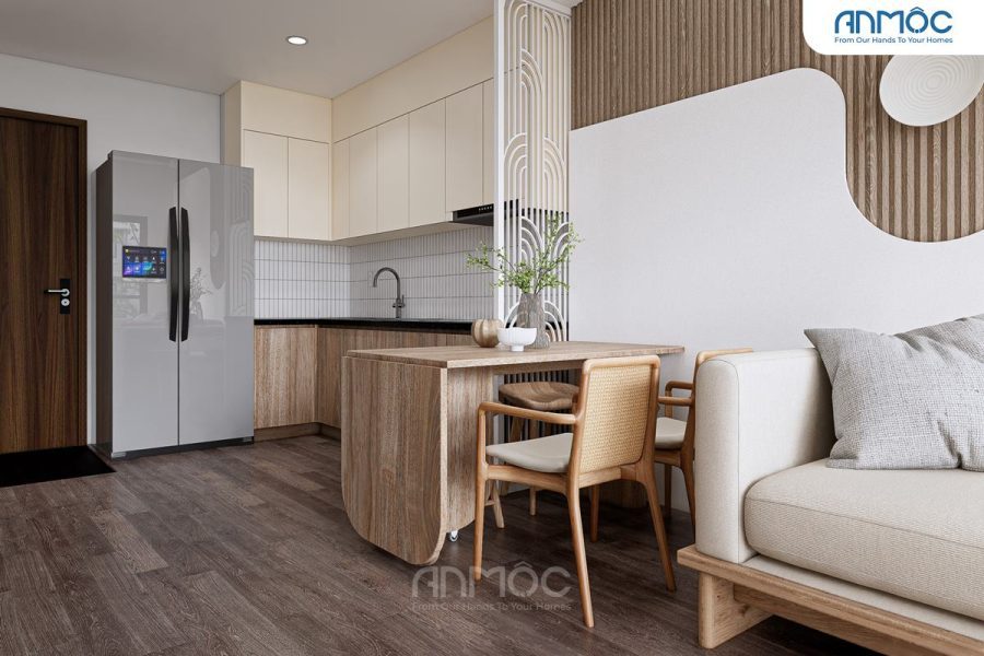 Không gian bếp và bàn ăn nhìn từ phòng khách