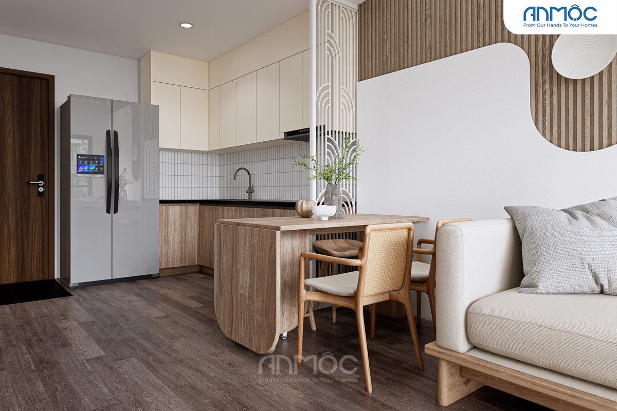 Không gian bếp và bàn ăn nhìn từ phòng khách