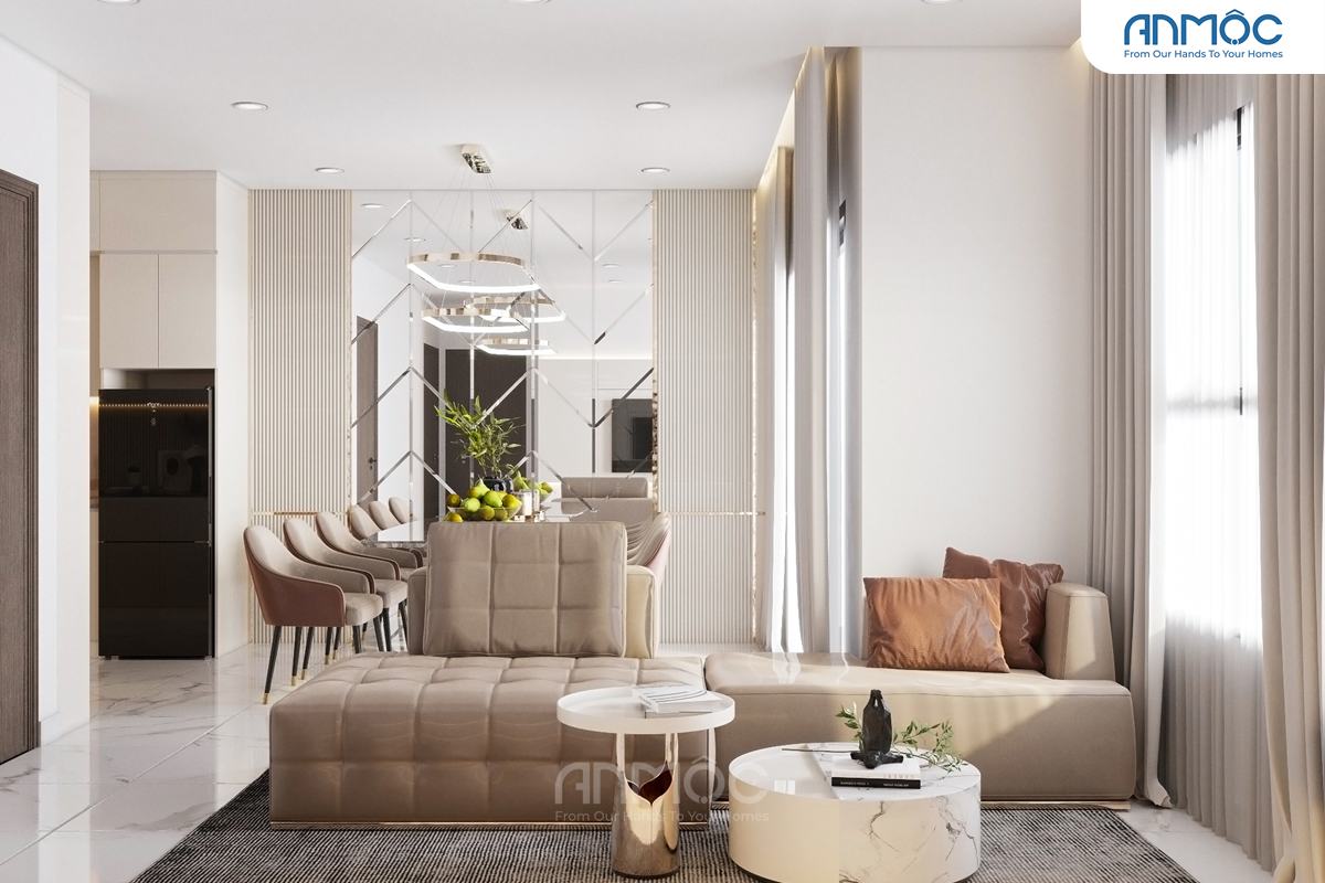 Toàn cảnh phòng khách nhìn ra khu vực ăn uống, với bàn sofa tròn bằng đá cẩm thạch, thảm trải sàn màu xám đậm.