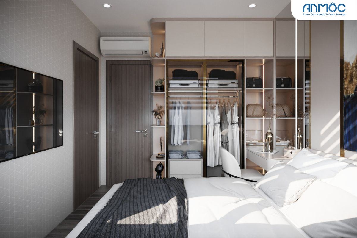 Khung cảnh tổng thể phòng ngủ nhìn từ phía cửa, tủ quần áo kịch trần
