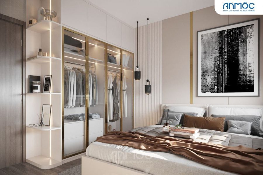 Toàn cảnh phòng ngủ giường đôi bọc nệm và bức tranh treo tường đầu giường trừu tượng tạo điểm nhấn