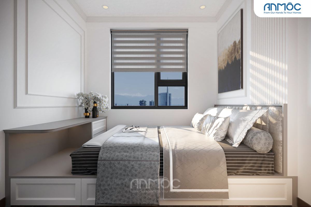 Hệ giường ngủ thông minh tích hợp ngăn kéo lưu trữ bên dưới và bàn trang điểm ở chân giường