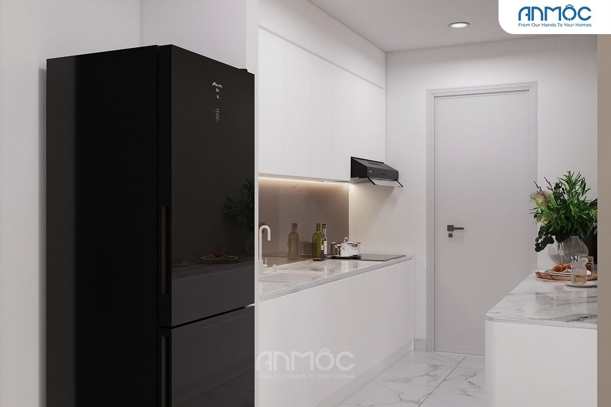 Tủ bếp màu trắng hiện đại với mặt đá cẩm thạch và bếp từ âm
