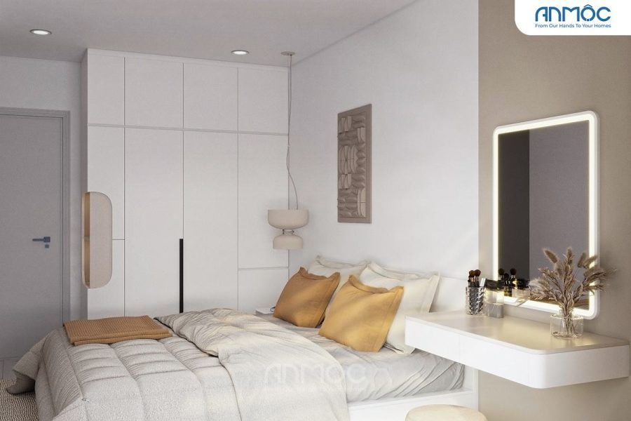 Tủ quần áo âm tường trắng, bàn trang điểm treo tường có gương đèn LED và giường bọc nệm êm ái.