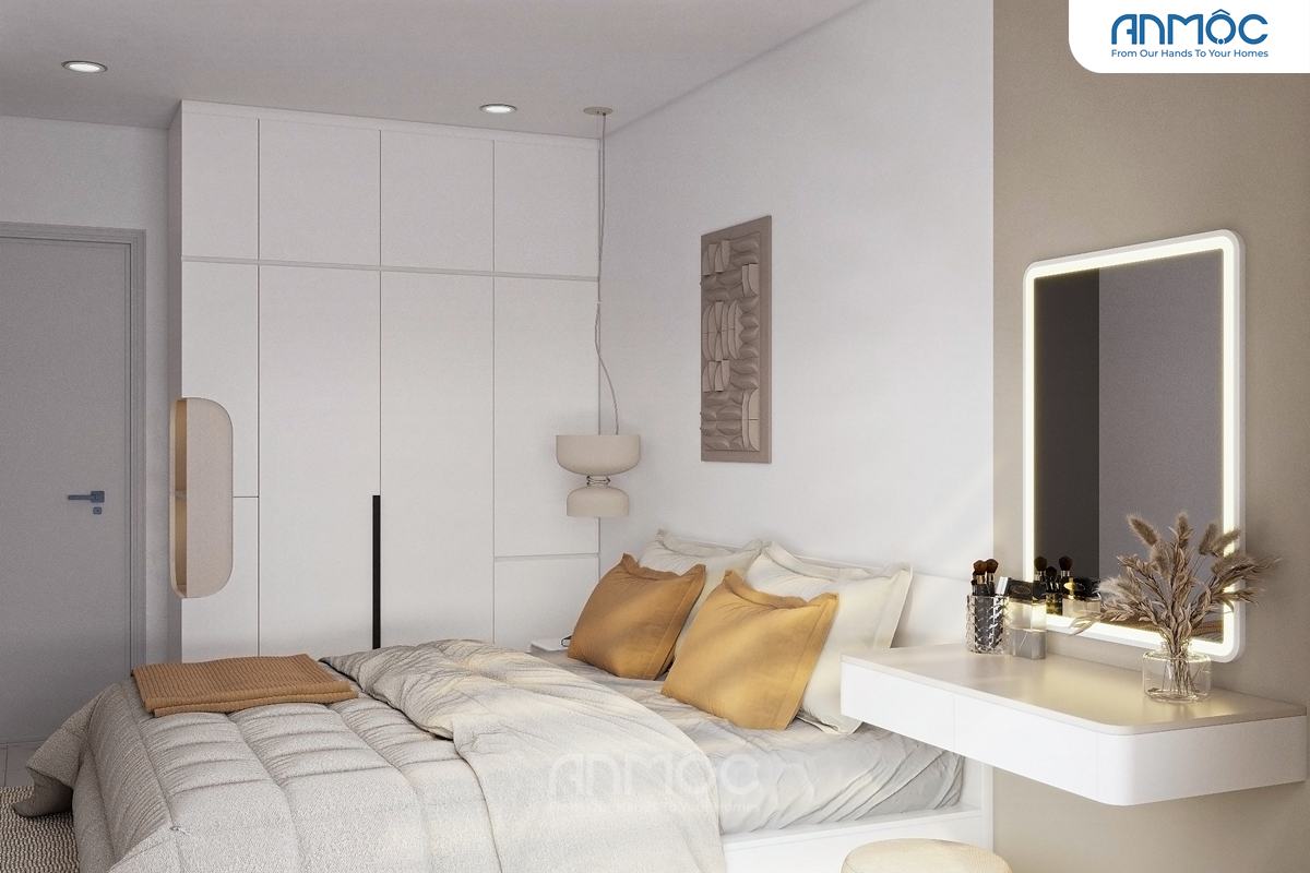 Tủ quần áo âm tường trắng, bàn trang điểm treo tường có gương đèn LED và giường bọc nệm êm ái.
