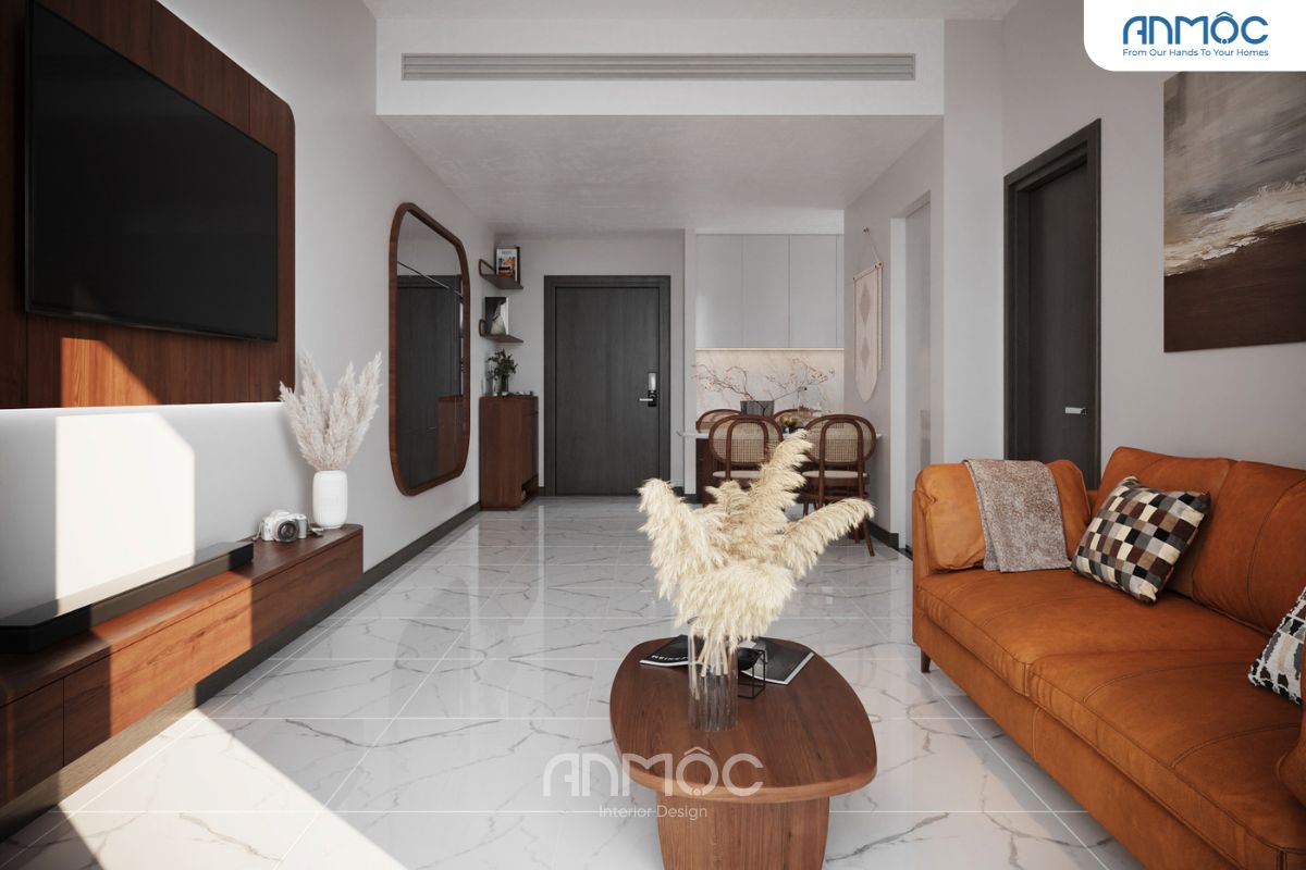 Kệ TV treo tường, kết hợp cùng hệ tủ trang trí và sàn đá marble trắng vân mây tinh tế, mang đến vẻ đẹp sang trọng và tiện nghi.