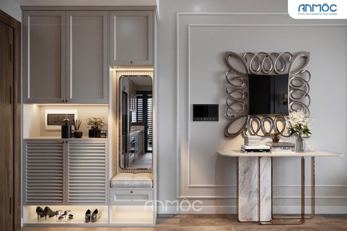 Tủ giày kết hợp ghế ngồi tiện lợi, bố trí gọn gàng cho khu vực lối vào căn hộ.