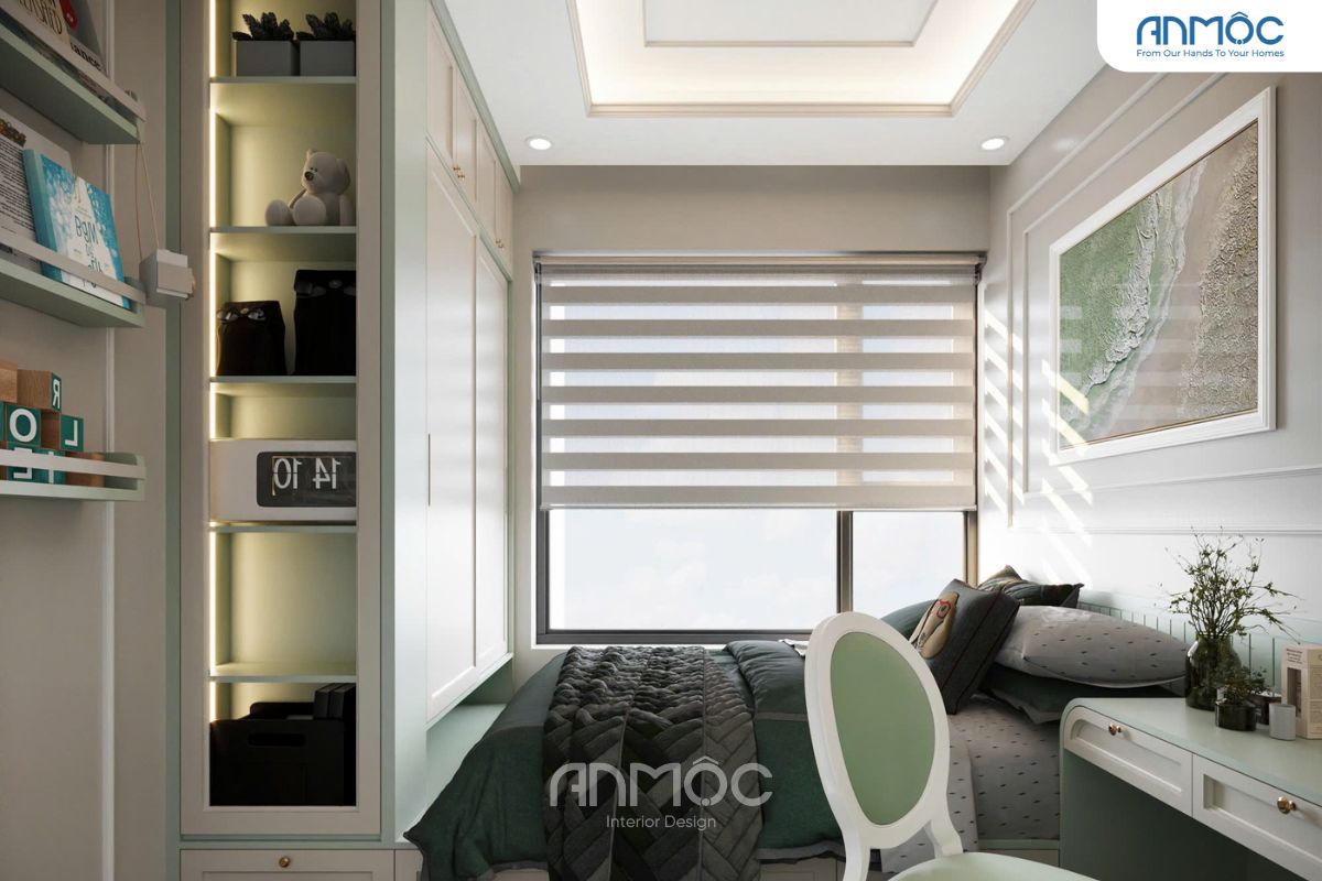Giường đơn, tủ quần áo kịch trần tích hợp kệ trang trí nhiều ngăn