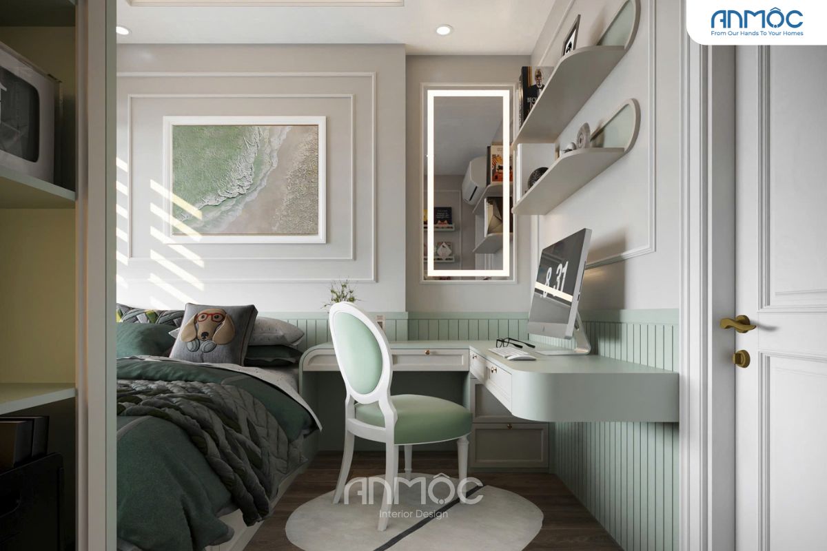 Bàn học chữ L được bo tròn 2 cạnh, bên trên là kệ sách treo tường