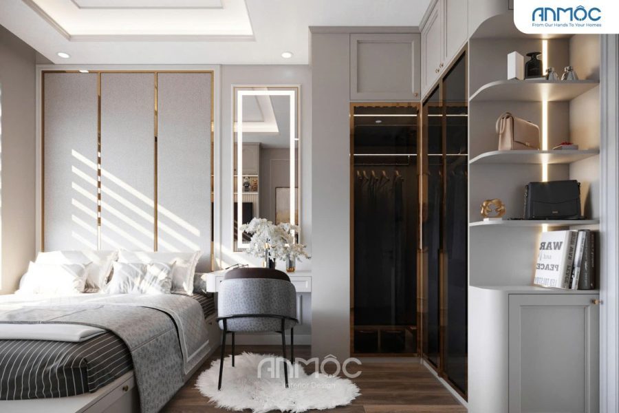 Bàn trang điểm trắng tinh kế nằm cạnh tủ quần áo cánh kính sang trọng