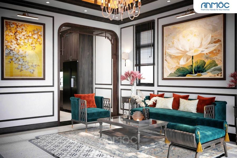 Cận cảnh sofa cùng 2 ghế tựa, bàn trà và hai bức tranh treo tường lớn