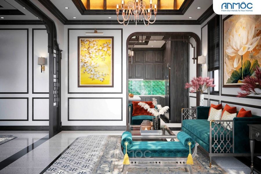 Tổng quan phòng khách nhìn từ sảnh vào, với cửa vòm gỗ tối màu và tường trắng viền đen, tạo cảm giác sang trọng.