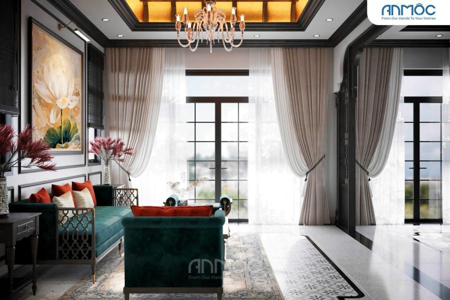 Góc nhìn từ sofa ra cửa sổ lớn với rèm trắng mềm mại, ánh sáng tự nhiên tràn ngập, thể hiện sự thông thoáng của căn phòng.