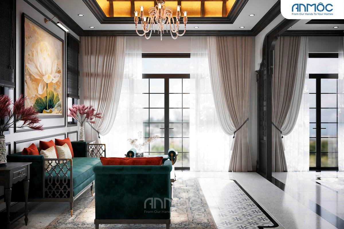 Góc nhìn từ sofa ra cửa sổ lớn với rèm trắng mềm mại, ánh sáng tự nhiên tràn ngập, thể hiện sự thông thoáng của căn phòng.