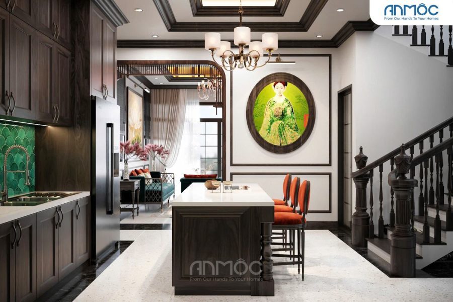 Góc nhìn liên thông từ bếp với đảo bếp tiện nghi, ghế bar đỏ, hướng ra khu vực phòng khách và bức tranh oval treo tường lớn