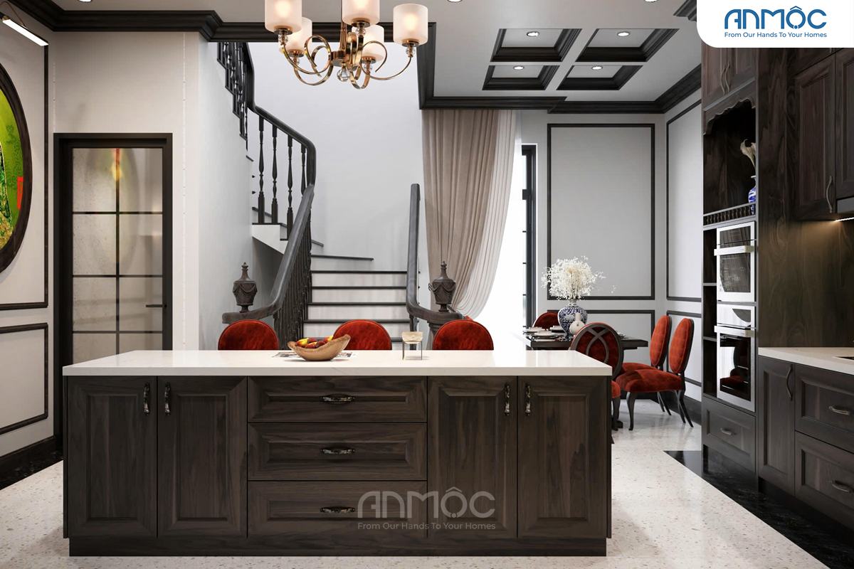 Góc nhìn từ khu vực đảo bếp hướng ra cầu thang và khu vực phòng ăn