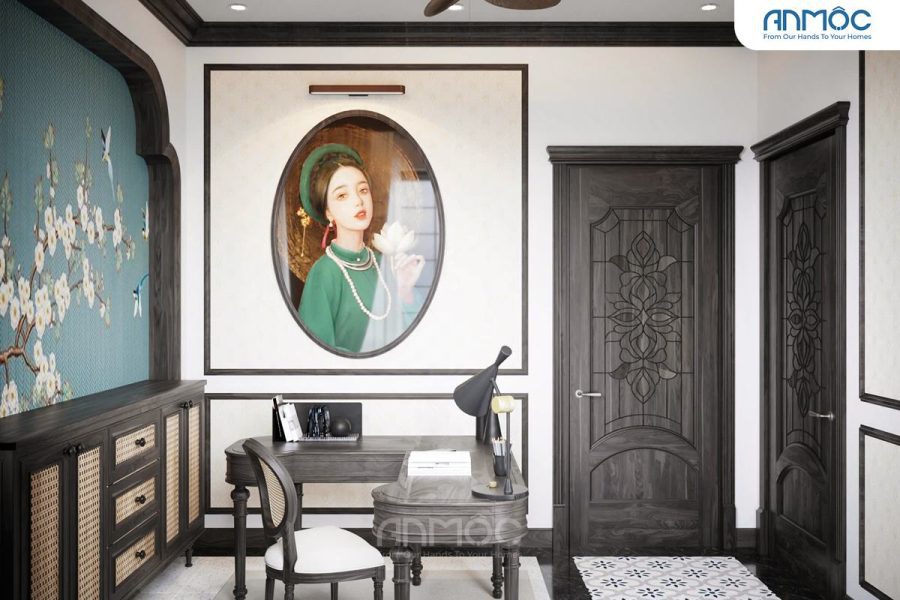Góc nhìn bàn làm việc, tủ lưu trữ và bức tranh chân dung cô gái Việt Nam trong khung oval, cùng cửa gỗ chạm khắc tinh xảo.