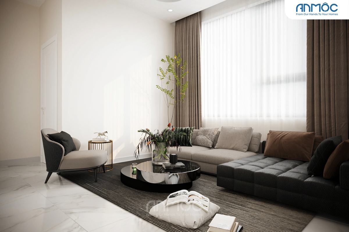 Góc nhìn rộng hơn của phòng sinh hoạt chung, thảm trải sàn màu tối và ánh sáng tự nhiên từ cửa sổ lớn.