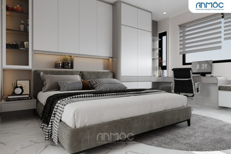 Giường ngủ bọc nệm màu xám kết hợp với hệ tủ đầu giường trắng hiện đại