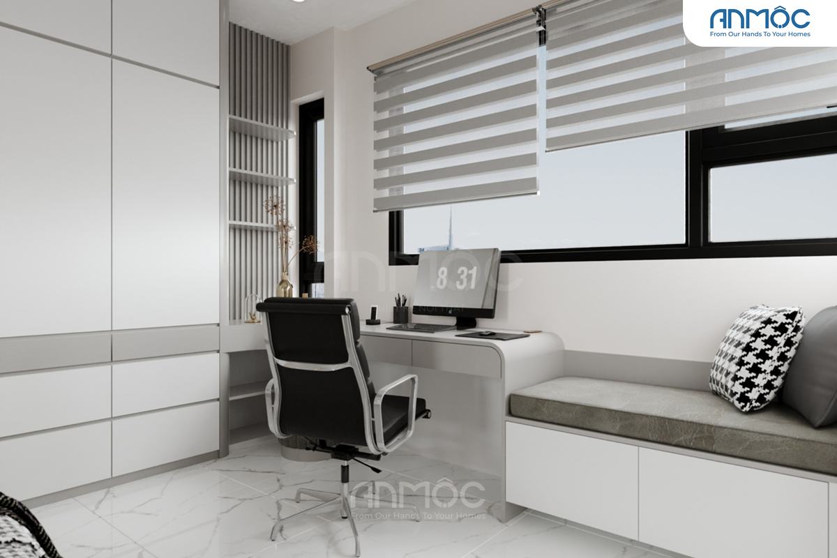 Khu vực học tập nổi bật với bàn làm việc góc chữ L tích hợp kệ sách và hộc tủ