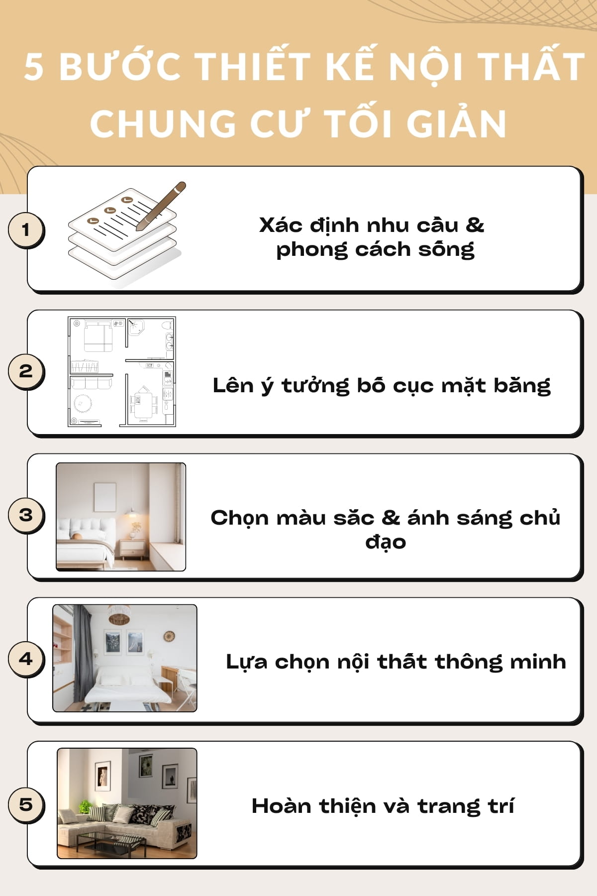 Checklist 5 bước thiết kế nội thất chung cư tối giản 