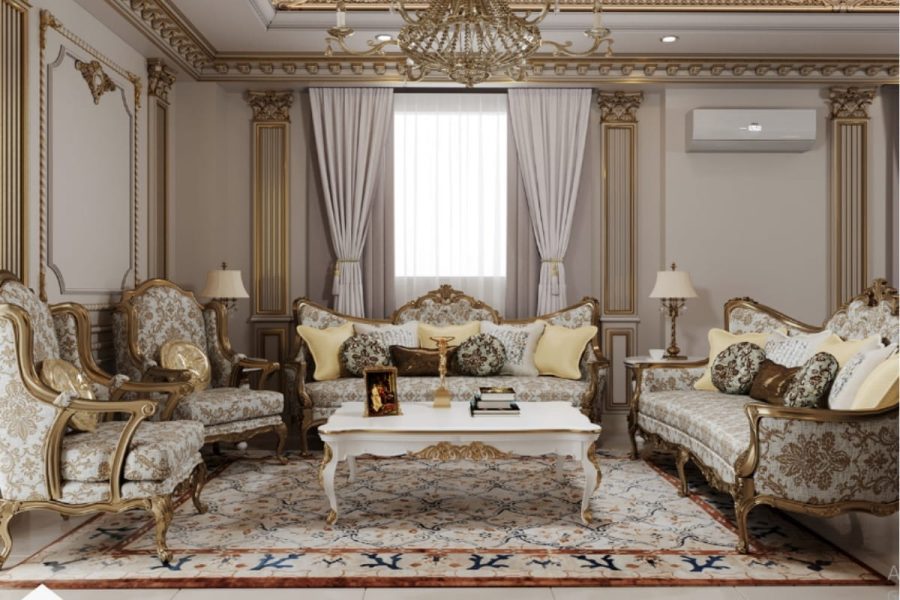 Mẫu thiết kế nội thất chung cư cổ điển quý phái với bộ sofa và đèn bàn họa tiết cổ điển