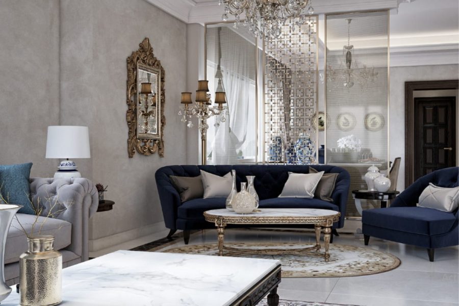 Mẫu nội thất chung cư cổ điển với điểm nhấn là sofa màu xanh navy