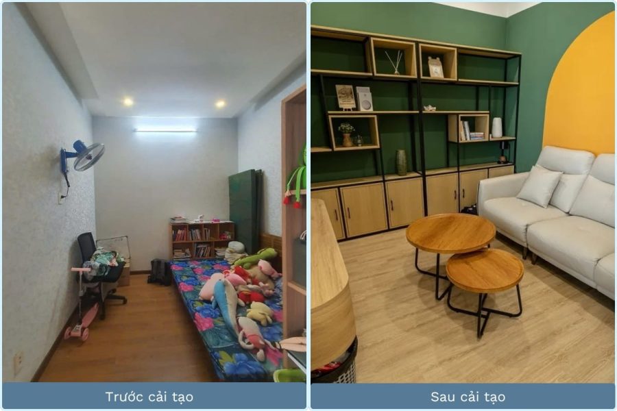 Phòng khách chung cư Âu Cơ Tower trước và sau cải tạo