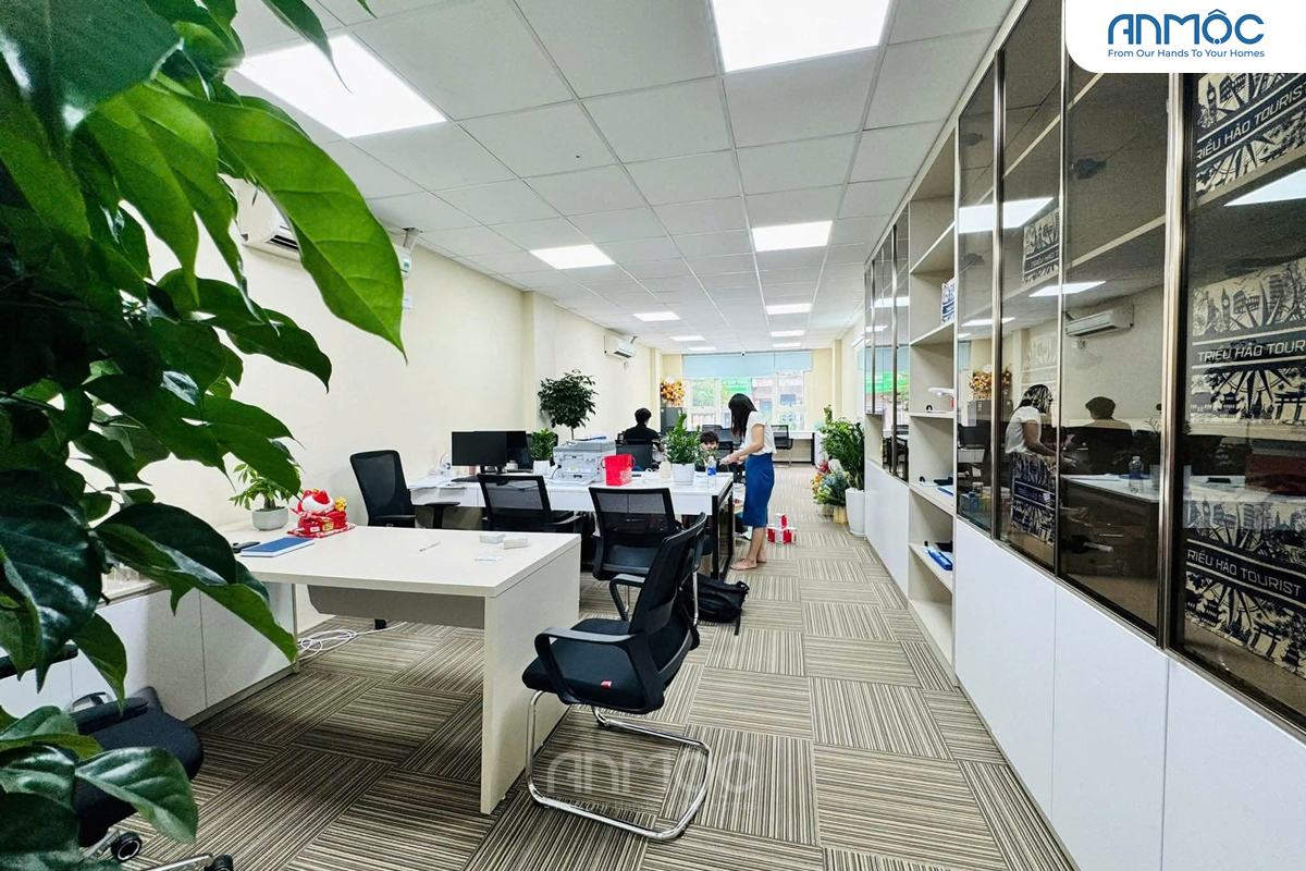 Khu vực làm việc chung với dãy bàn làm việc bố trí khoa học, cùng tủ kính trưng bày sản phẩm du lịch dọc bức tường bên phải