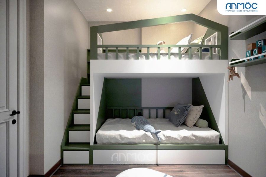 Giường tầng màu xanh lá cây và trắng độc đáo với thiết kế nhà mái, cầu thang tích hợp ngăn kéo