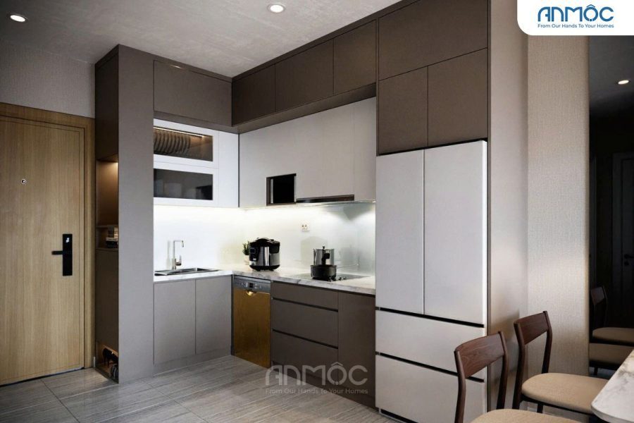 Góc nhìn rộng hơn của bếp và lối vào, cho thấy sự liền mạch giữa khu vực bếp và không gian chung