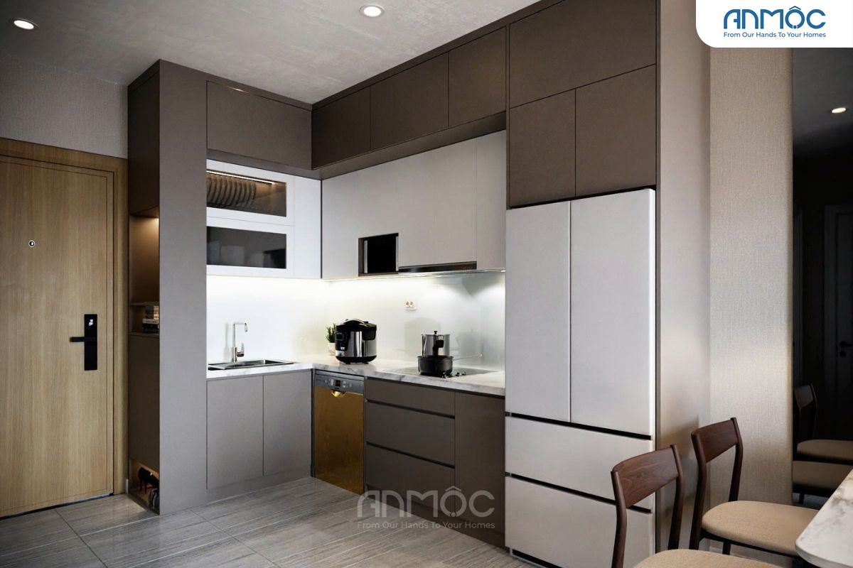 Góc nhìn rộng hơn của bếp và lối vào, cho thấy sự liền mạch giữa khu vực bếp và không gian chung