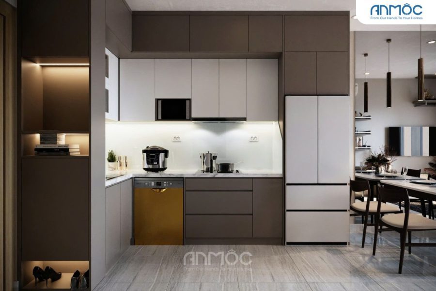Cận cảnh khu vực bếp hiện đại với tủ bếp trên dưới tông màu latte và trắng