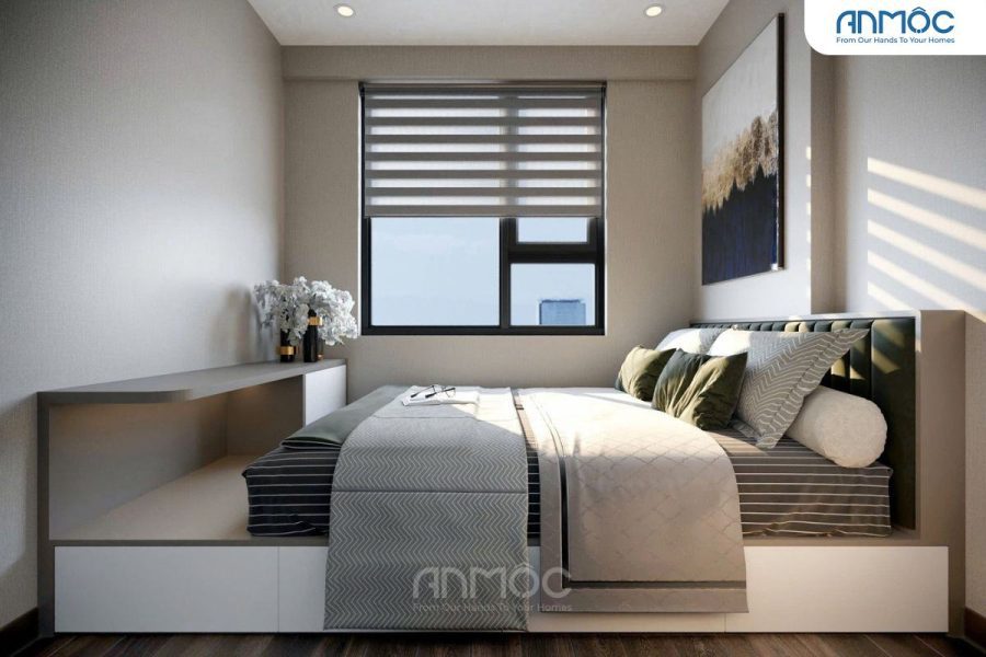 Góc nhìn rộng hơn của phòng ngủ master, bàn trang điểm/làm việc tích hợp với giường ngủ