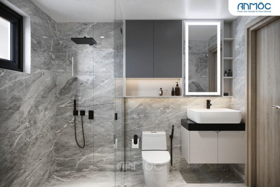 Phòng vệ sinh chung hiện đại và tinh gọn với không gian được bố cục khoa học